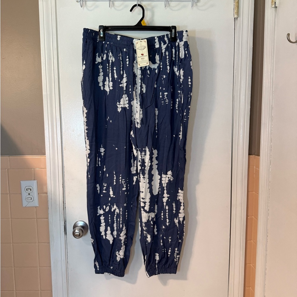 Blue and White Tie-Dye Trousers with Elastic Waist